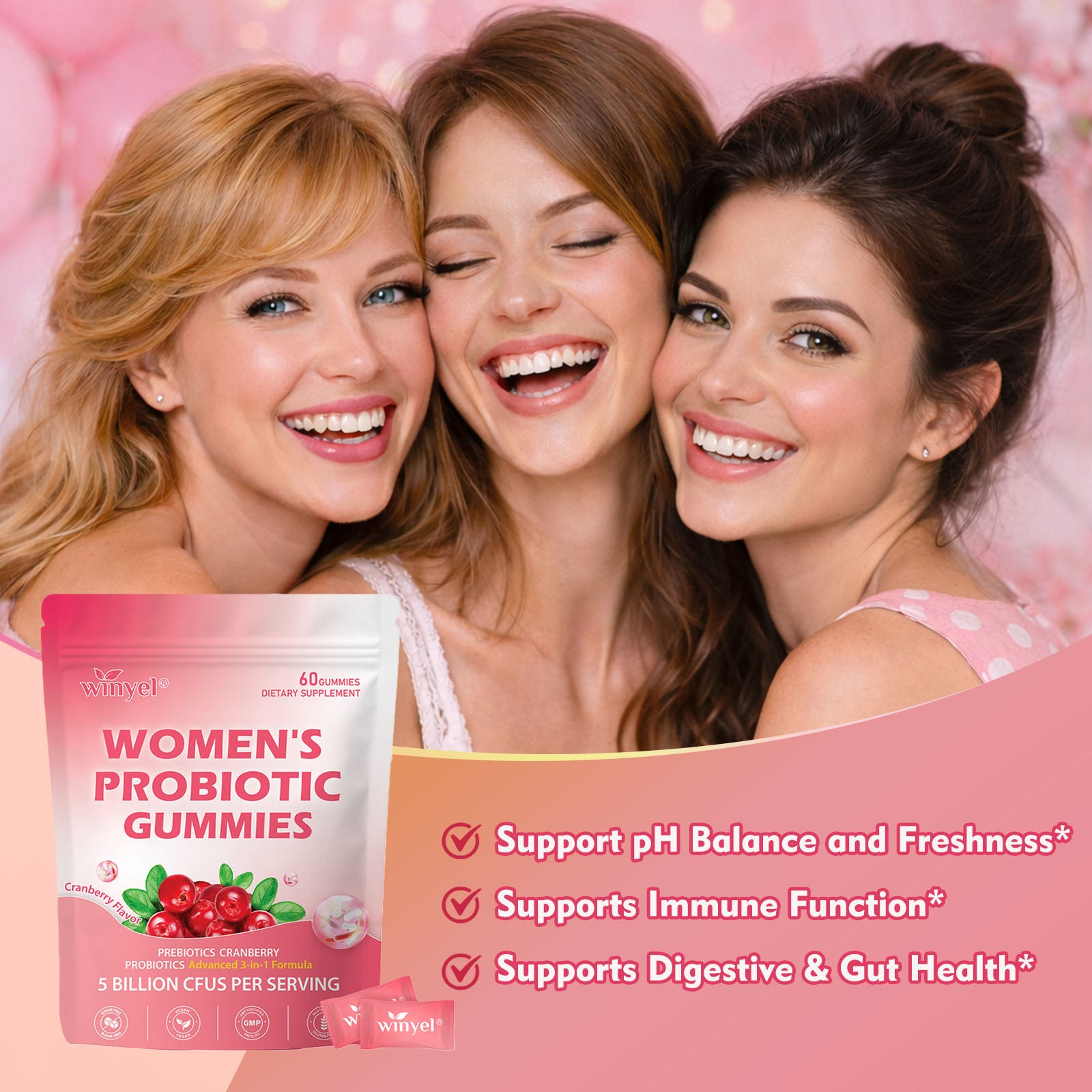 Cranberry Probiotic Gummies  Targets Body Odor, Women's Health, And PH Balance  Vegan 60 Gummies Per Pack